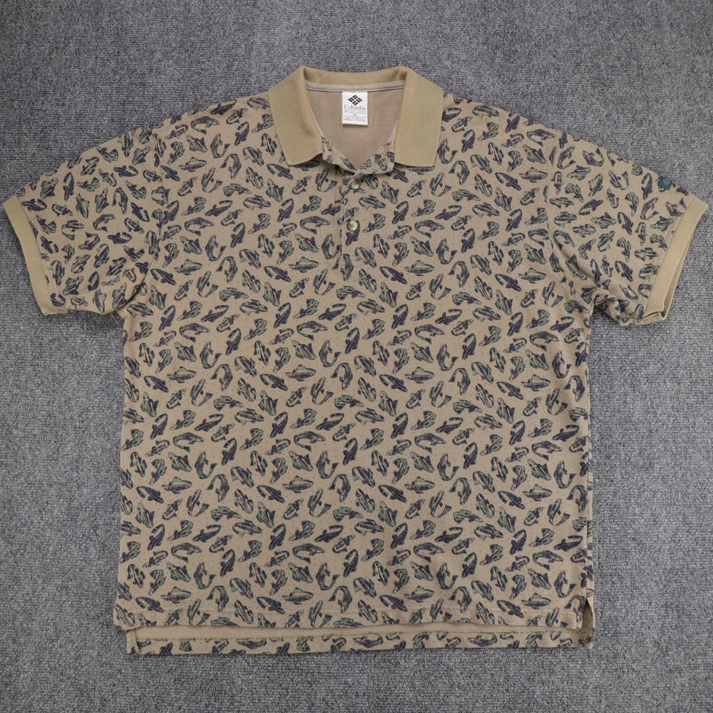 Columbia Sportswear Mens XL Tan Allover Fish Print Cotton Pique Polo Shirt